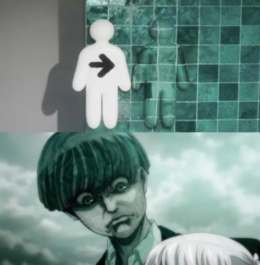 A white figure with an arrow pointing right towards a grid-patterned figure, paired with an anime character (Yelena from Attack on Titan) showing a shocked and confused expression.