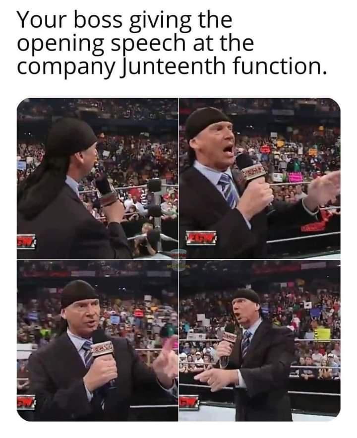 Your boss giving the opening speech at the company Junteenth function