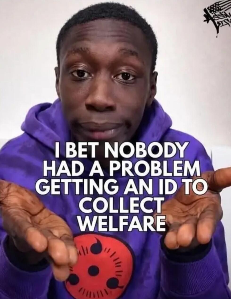 I BET NOBODY HAD A PROBLEM GETTING AN ID TO COLLECT WELFARE