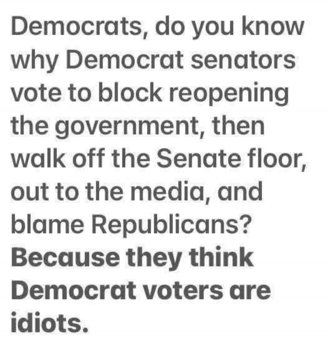 Democrats, do you know why Democrat senators vote to block reopening the government, then walk off the Senate floor, out to the media, and blame Republicans? Because they think Democrat voters are idiots.