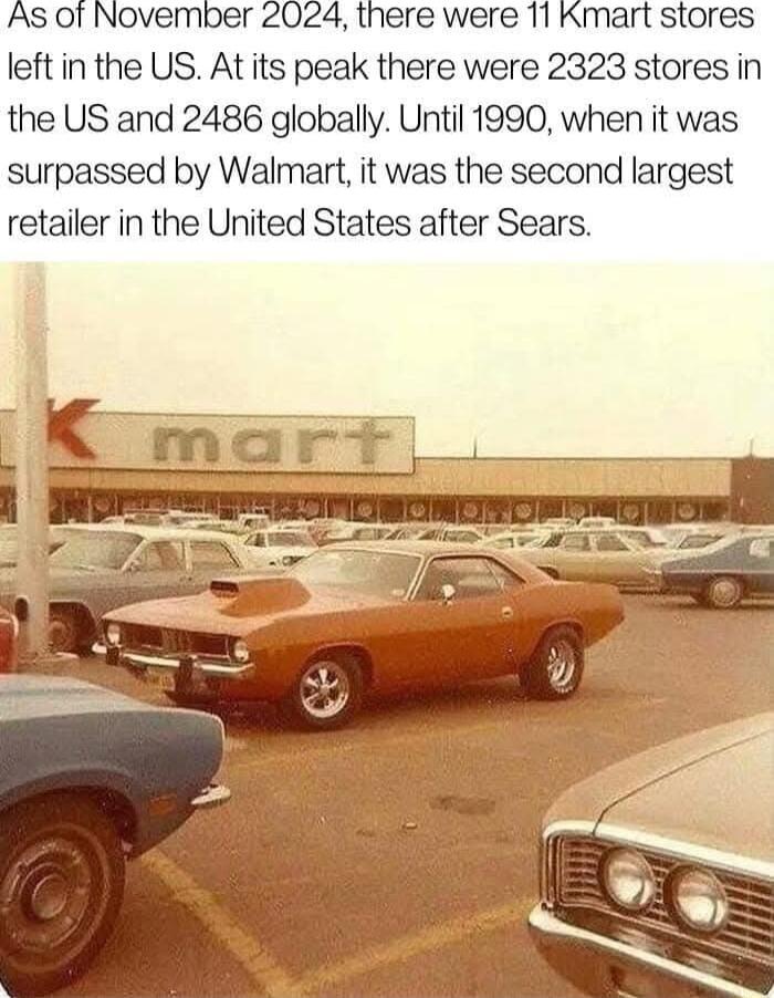 there were 11 Kmart stores left in the US At its peak there were 2323 stores in the US and 2486 globally Until 1990 when it was surpassed by Walmart it was the second largest retailer in the United States after Sears