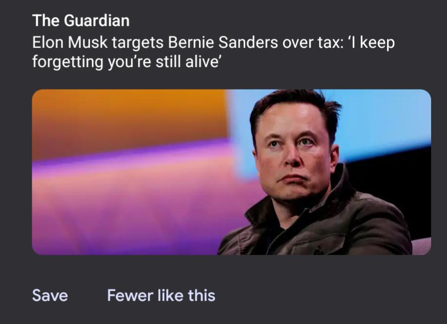 B CYElETG R Elon Musk targets Bernie Sanders over tax keep forgetting youre still alive REYE Fewer like this