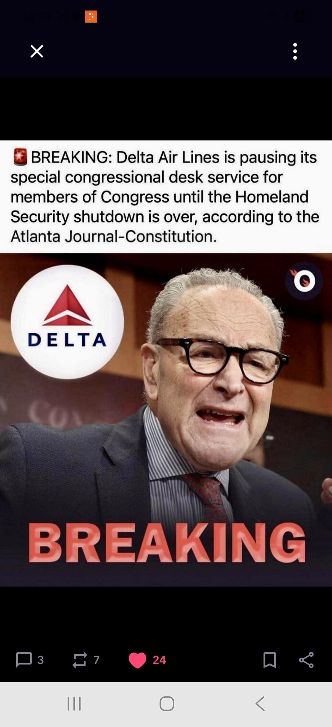 BREAKING: Delta Air Lines is pausing its special congressional desk service for members of Congress until the Homeland Security shutdown is over, according to the Atlanta Journal-Constitution. The image shows the Delta logo and a man, likely Chuck Schumer, with the word 