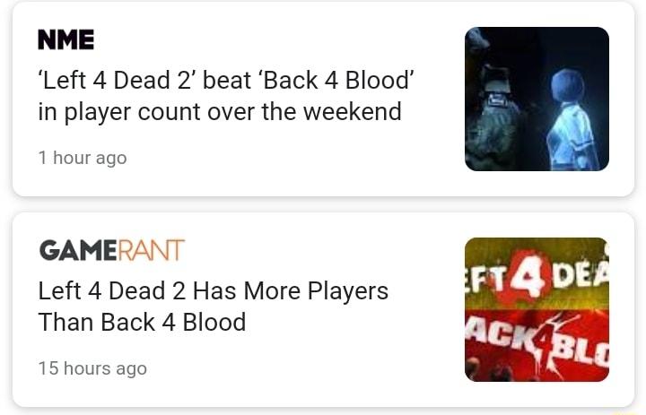 Left 4 Dead 2 beat Back 4 Blood in player count over the weekend 1 hour ago GAMERANT Left 4 Dead 2 Has More Players Than Back 4 Blood 15 hours ago