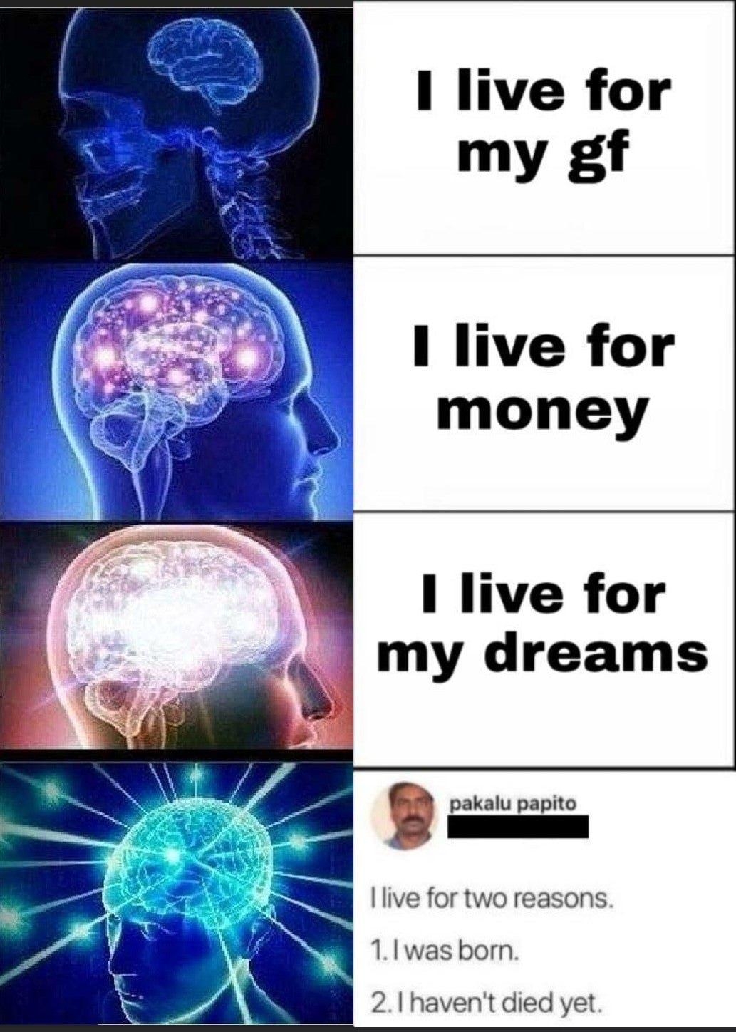 I live for my gf I live for my dreams 1lwas born 21 havent died yet Posted in rdankmemes reddit