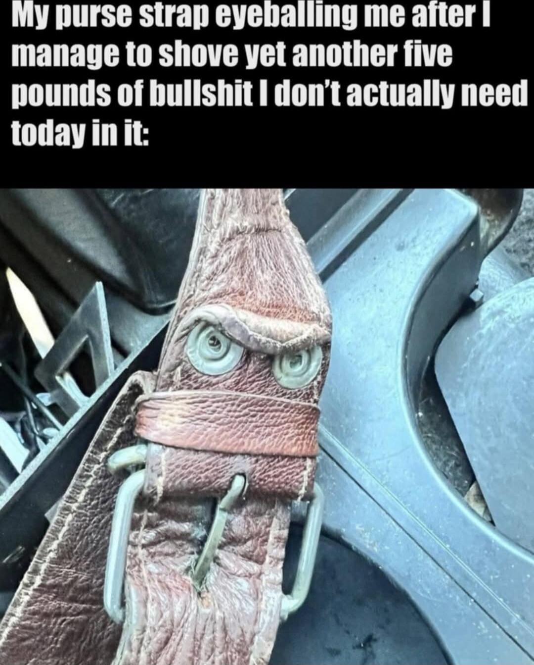 My purse strap eyeballing me after I manage to shove yet another five pounds of bullshit I don’t actually need today in it: