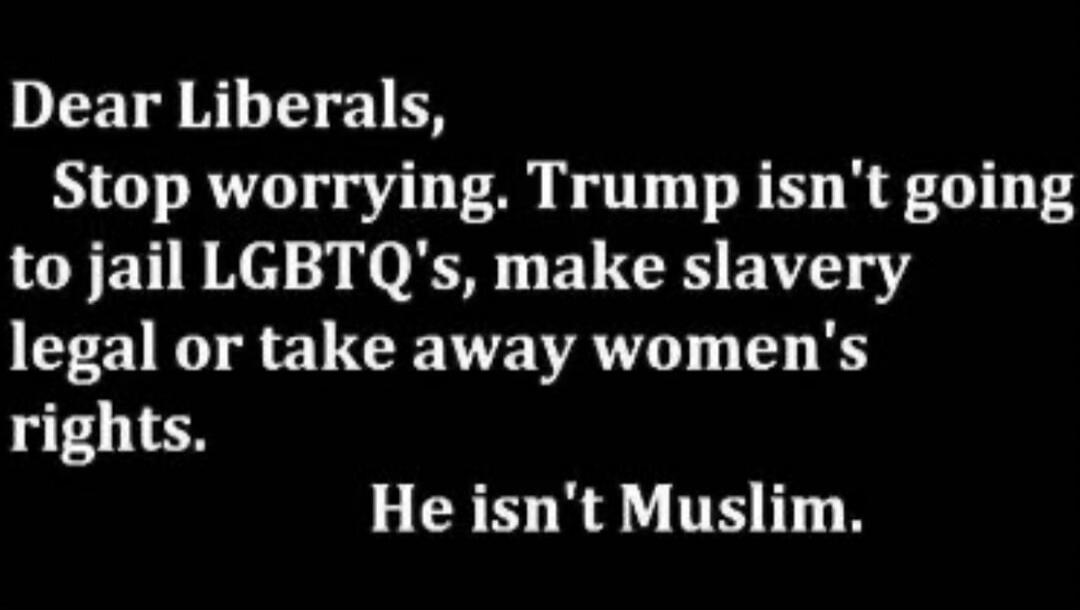 Dear Liberals, Stop worrying. Trump isn't going to jail LGBTQ's, make slavery legal or take away women's rights. He isn't Muslim. Session ID: 1033694.
