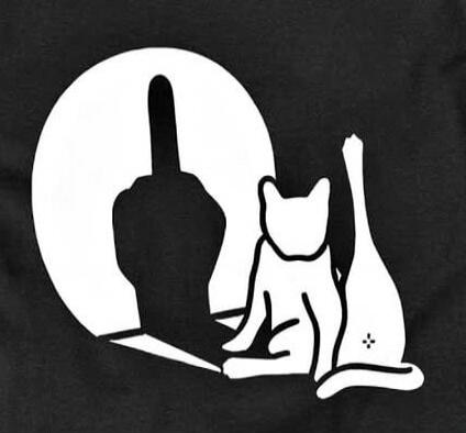 A black and white illustration featuring a silhouette of a hand giving the middle finger inside a white circle, next to a sitting cat silhouette and a bottle-like silhouette.