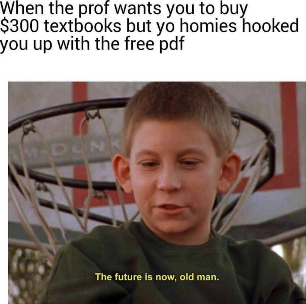 en the prof wants you to buy 300 textbooks but yo homies hooked ou up with the free pdf The future is now old man 4