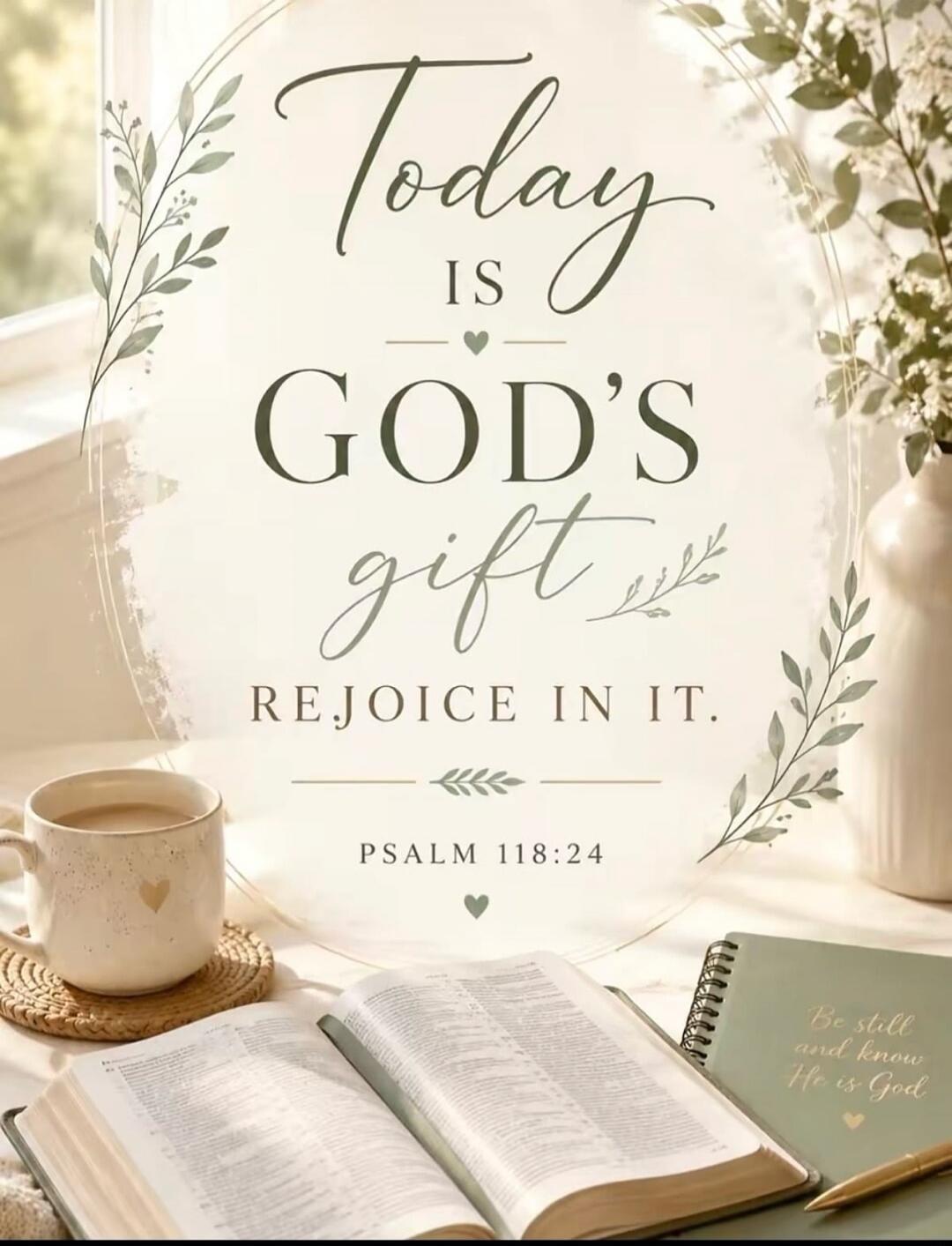 Today is God's gift. Rejoice in it. Psalm 118:24. Be still and know He is God.