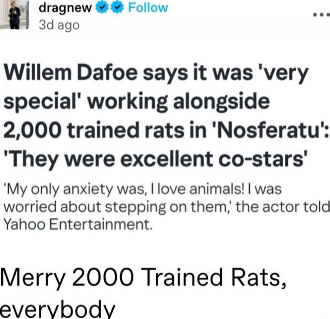 Willem Dafoe says it was 'very special' working alongside 2,000 trained rats in 'Nosferatu': 'They were excellent co-stars' 'My only anxiety was, I love animals! I was worried about stepping on them', the actor told Yahoo Entertainment. Merry 2000 Trained Rats, everybody