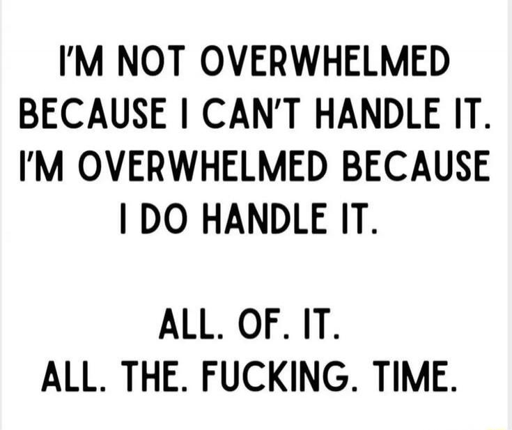 I'M NOT OVERWHELMED BECAUSE I CAN'T HANDLE IT. I'M OVERWHELMED BECAUSE I DO HANDLE IT. ALL. OF. IT. ALL. THE. FUCKING. TIME.