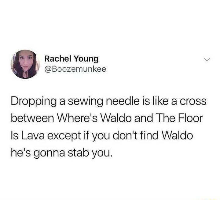 Rachel Young Boozemunkee Dropping a sewing needle is like a cross between Wheres Waldo and The Floor Is Lava except if you dont find Waldo hes gonna stab you