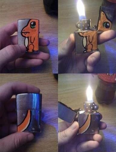 A small metal lighter with a cartoon orange character on it. The image sequence shows the lighter being lit, with a flame visible in some frames.