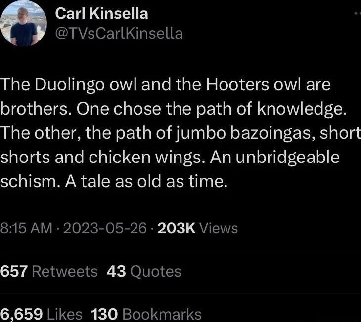 Carl Kinsella TVsCarlKinsella The Duolingo owl and the Hooters owl are brothers One chose the path of knowledge The other the path of jumbo bazoingas short shorts and chicken wings An unbridgeable schism A tale as old as time 815 AM 2023 05 26 203K Views 657 Retweets 43 Quotes 6659 Likes 130 Bookmarks