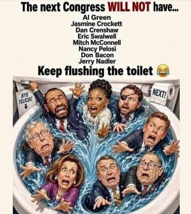 The next Congress WILL NOT have... Al Green, Jasmine Crockett, Dan Crenshaw, Eric Swalwell, Mitch McConnell, Nancy Pelosi, Don Bacon, Jerry Nadler. Keep flushing the toilet 😂. BYE FELICIA! NEXT!