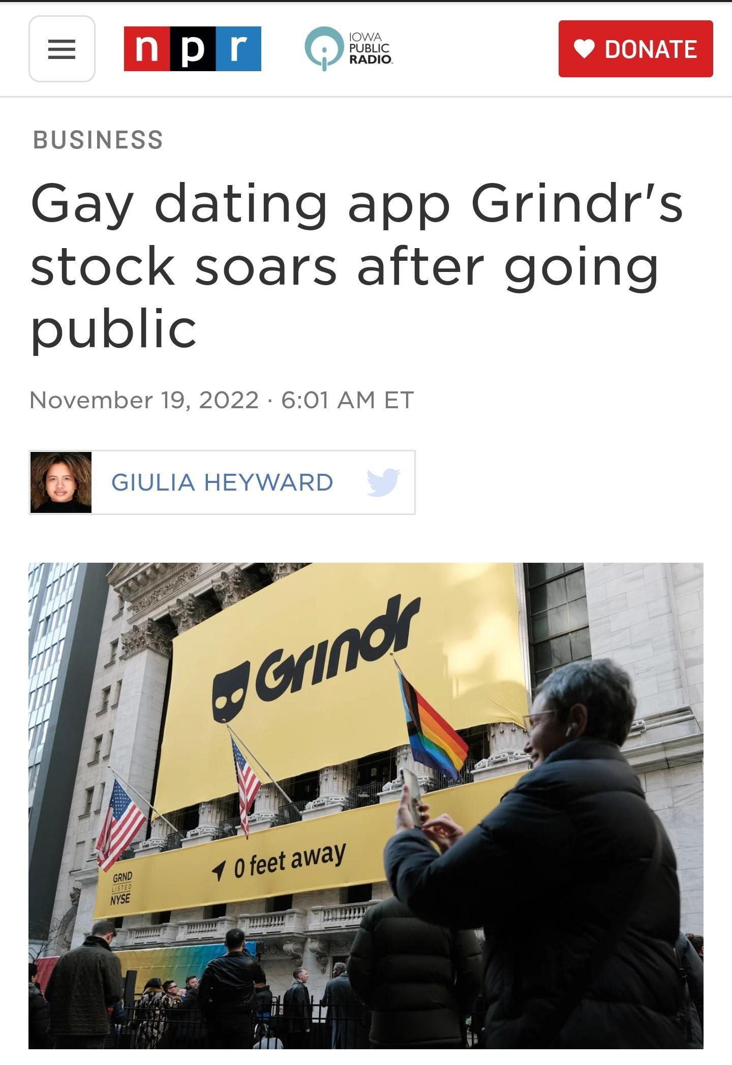 EE O BUSINESS Gay dating app Grindrs stock soars after going public November 19 2022 601 AM ET