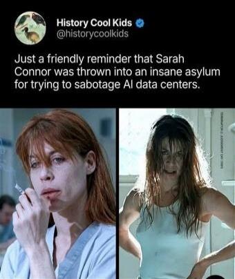History Cool Kids @historycoolkids Just a friendly reminder that Sarah Connor was thrown into an insane asylum for trying to sabotage AI data centers.