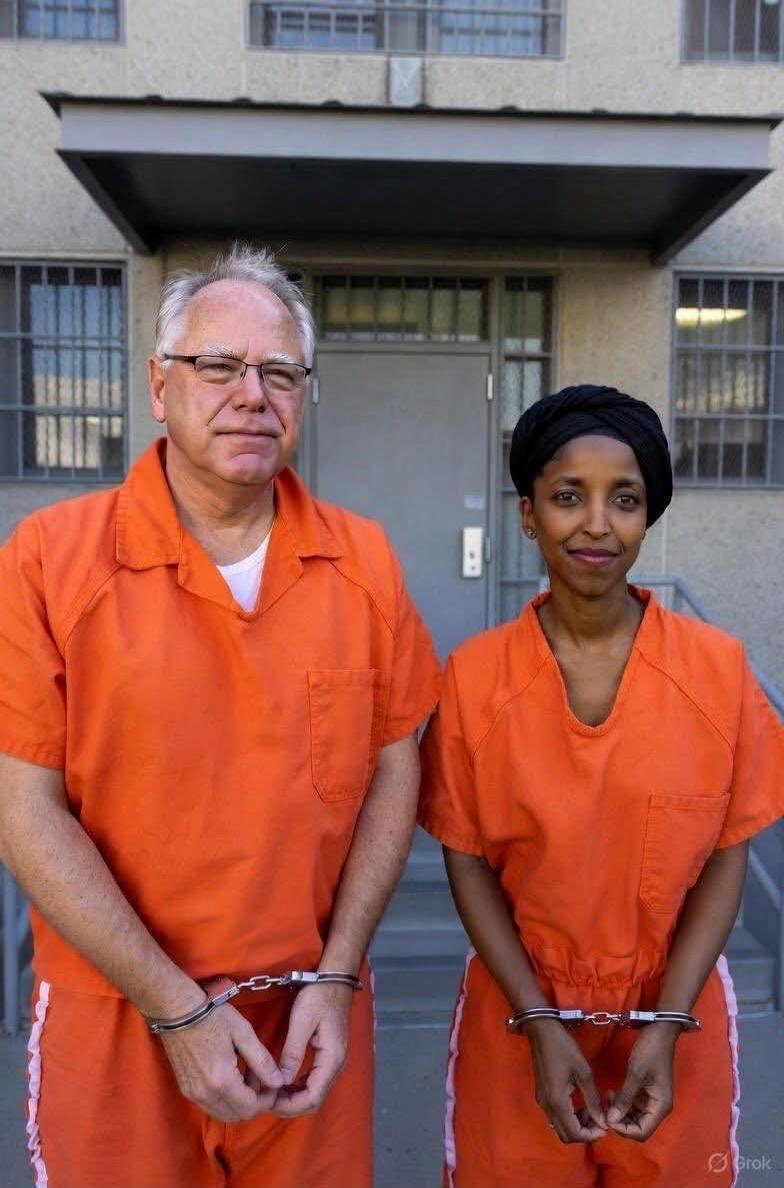 Two prisoners in orange jumpsuits standing outside a building, handcuffed.