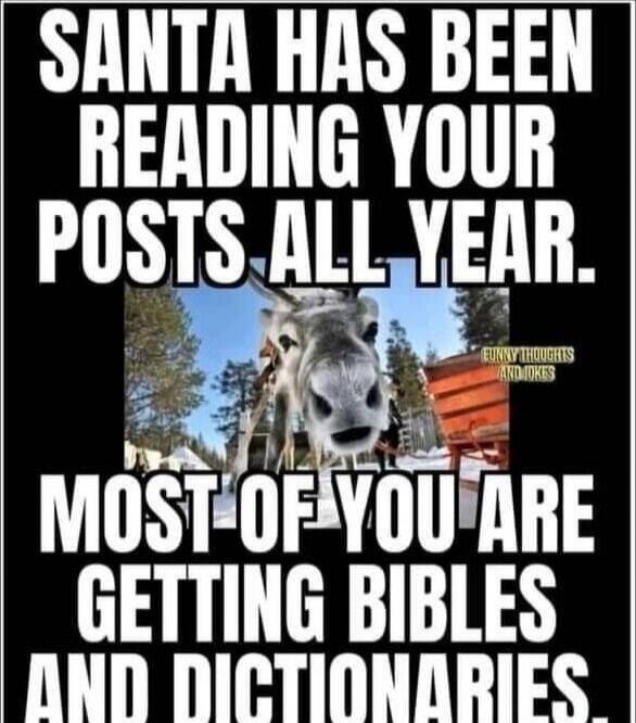 SANTA HAS BEEN READING YOUR POSTS ALL YEAR. MOST OF YOU ARE GETTING BIBLES AND DICTIONARIES.