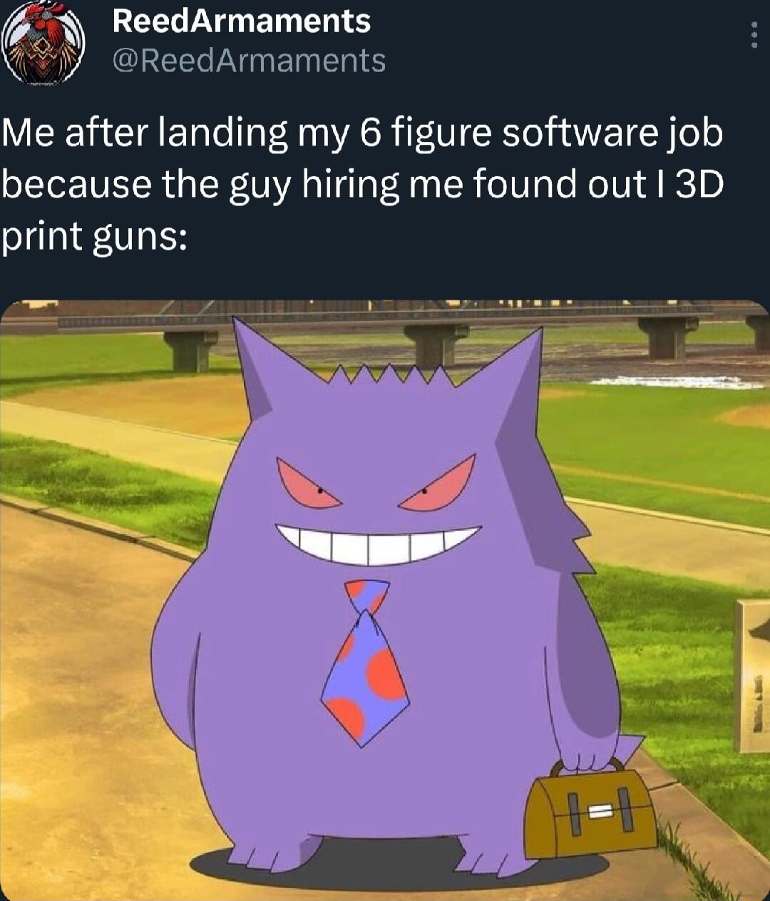 Y ReedArmaments i OLREETNEI Me after landing my 6 figure software job because the guy hiring me found out 3D print guns
