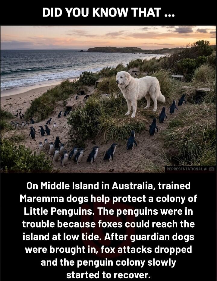 DID YOU KNOW THAT ... On Middle Island in Australia, trained Maremma dogs help protect a colony of Little Penguins. The penguins were in trouble because foxes could reach the island at low tide. After guardian dogs were brought in, fox attacks dropped and the penguin colony slowly started to recover. REPRESENTATIONAL AI
