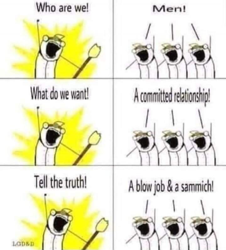 Who are we! Men! What do we want! A committed relationship! Tell the truth! A blow job & a sammich!