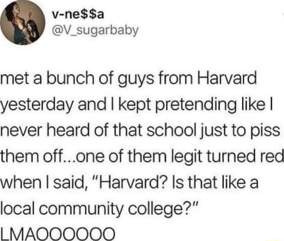 v nesa V_sugarbaby met a bunch of guys from Harvard yesterday and kept pretending like never heard of that school just to piss them offone of them legit turned red when said Harvard Is that like a local community college MAOOOOOO