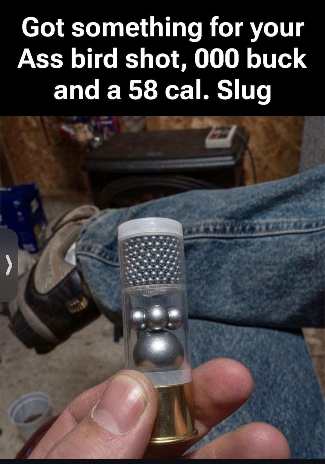 Got something for your Ass bird shot, 000 buck and a 58 cal. Slug