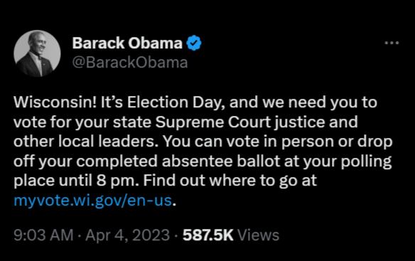 Wisconsin Its Election Day and we need you to vote for your state Supreme Court justice and other local leaders You can vote in person or drop off your completed absentee ballot at your polling place until 8 pm Find out where to go at myvotewigoven us 903 AM Apr 4 2023 5875K Vi