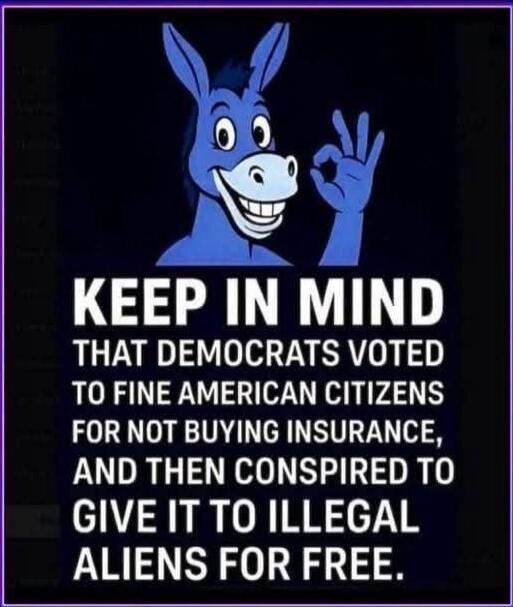 KEEP IN MIND THAT DEMOCRATS VOTED TO FINE AMERICAN CITIZENS FOR NOT BUYING INSURANCE, AND THEN CONSPIRED TO GIVE IT TO ILLEGAL ALIENS FOR FREE.