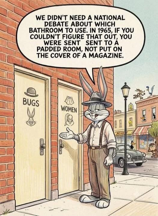 WE DIDN'T NEED A NATIONAL DEBATE ABOUT WHICH BATHROOM TO USE. IN 1965, IF YOU COULDN'T FIGURE THAT OUT, YOU WERE SENT SENT TO A PADDED ROOM, NOT PUT ON THE COVER OF A MAGAZINE. BUGS. WOMEN.