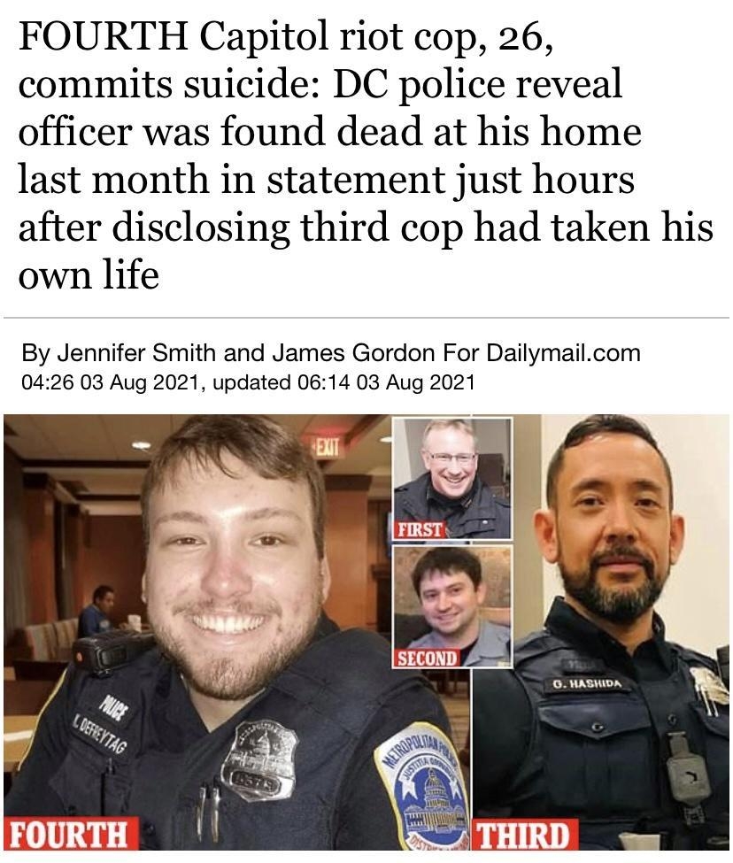 FOURTH Capitol riot cop 26 commits suicide DC police reveal officer was found dead at his home last month in statement just hours after disclosing third cop had taken his own life By Jennifer Smith and James Gordon For Dailymailcom 0426 03 Aug 2021 updated 0614 03 Aug 2021 CRTCITIN