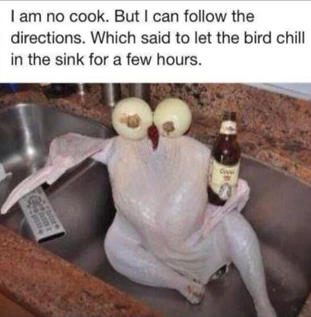 I am no cook. But I can follow the directions. Which said to let the bird chill in the sink for a few hours.