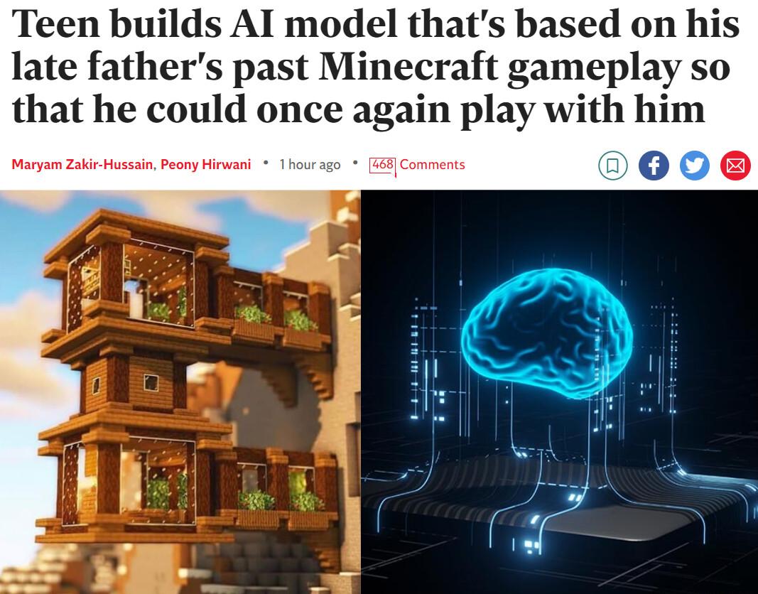 Teen builds AI model thats based on his late fathers past Minecraft gameplay so that he could once again play with him 000