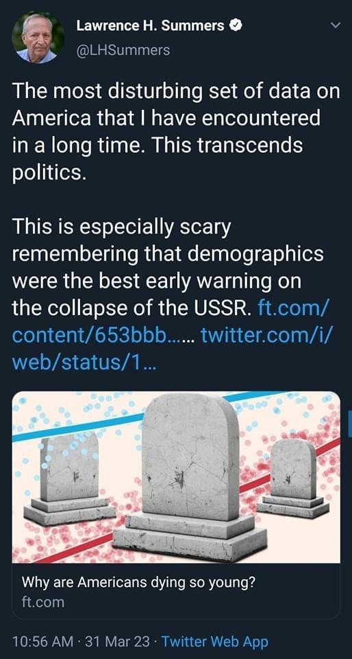 Lawrence H Summers I TS The most disturbing set of data on America that have encountered in a long time This transcends politics This is especially scary remembering that demographics were the best early warning on LUER ETe RN R U IR 28 Why are Americans dying so young i delelyy 1056 AM 31 Mar 23