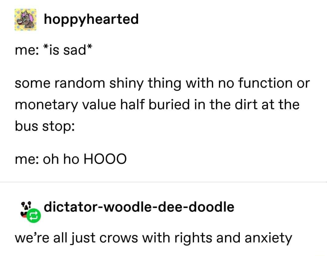 g hoppyhearted me is sad some random shiny thing with no function or monetary value half buried in the dirt at the bus stop me oh ho HOOO dictator woodle dee doodle L were all just crows with rights and anxiety