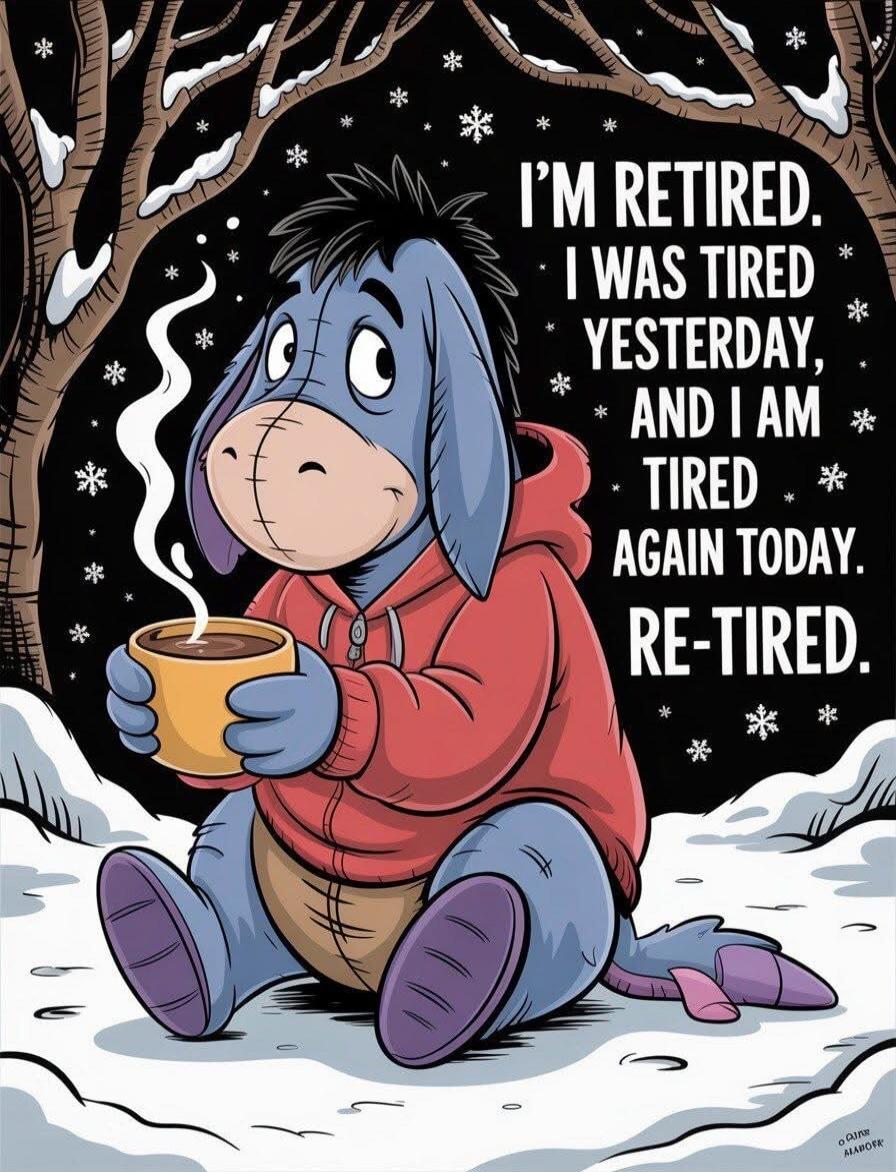 I'M RETIRED. I WAS TIRED YESTERDAY, AND I AM TIRED AGAIN TODAY. RE-TIRED.