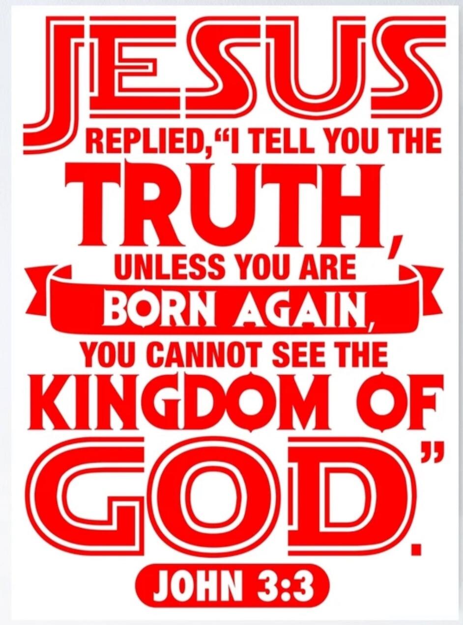 JESUS REPLIED, I TELL YOU THE TRUTH, UNLESS YOU ARE BORN AGAIN, YOU CANNOT SEE THE KINGDOM OF GOD. JOHN 3:3