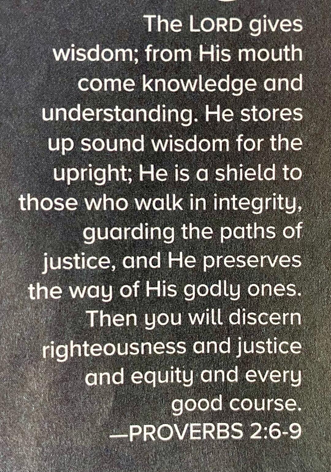 The Lord gives wisdom; from His mouth come knowledge and understanding. He stores up sound wisdom for the upright; He is a shield to those who walk in integrity, guarding the paths of justice, and He preserves the way of His godly ones. Then you will discern righteousness and justice and equity and every good course. —PROVERBS 2:6-9