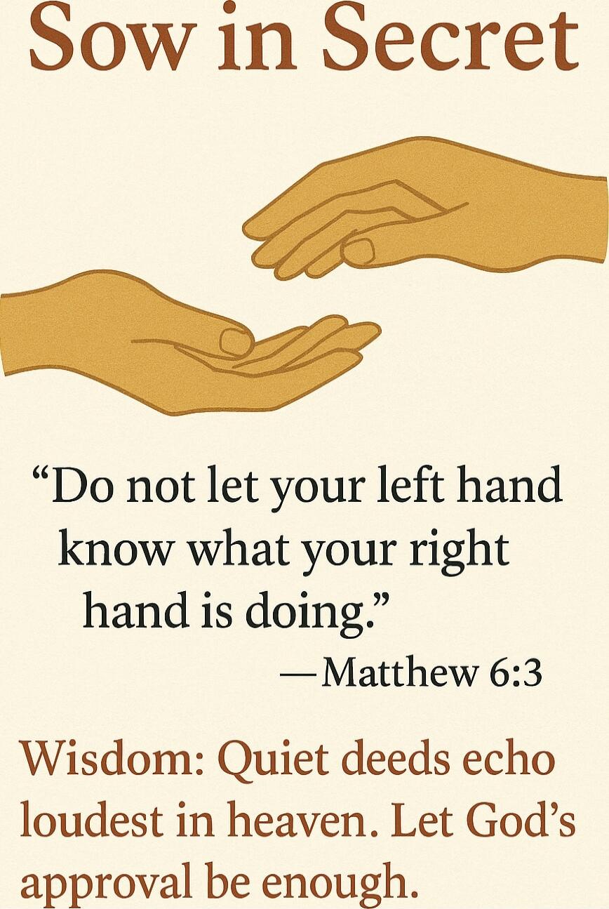 Sow in Secret
“Do not let your left hand know what your right hand is doing.”
—Matthew 6:3
Wisdom: Quiet deeds echo loudest in heaven. Let God’s approval be enough.