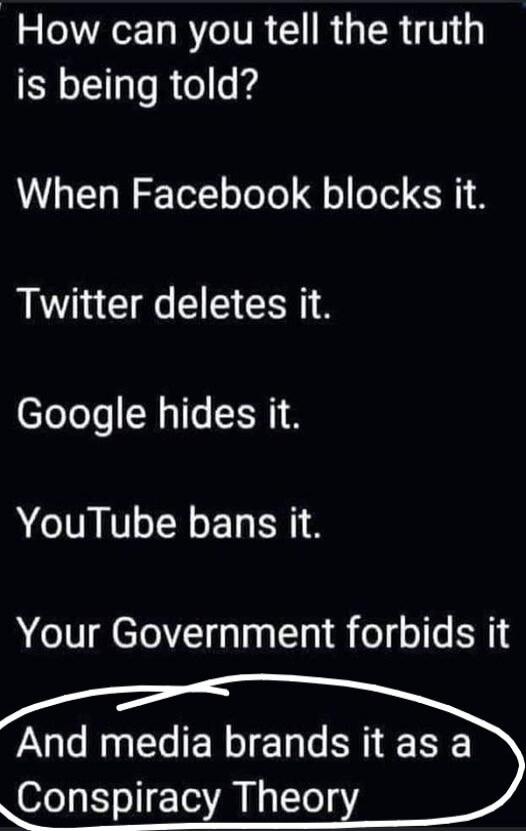 How can you tell the truth is being told? When Facebook blocks it. Twitter deletes it. Google hides it. YouTube bans it. Your Government forbids it. And media brands it as a Conspiracy Theory.