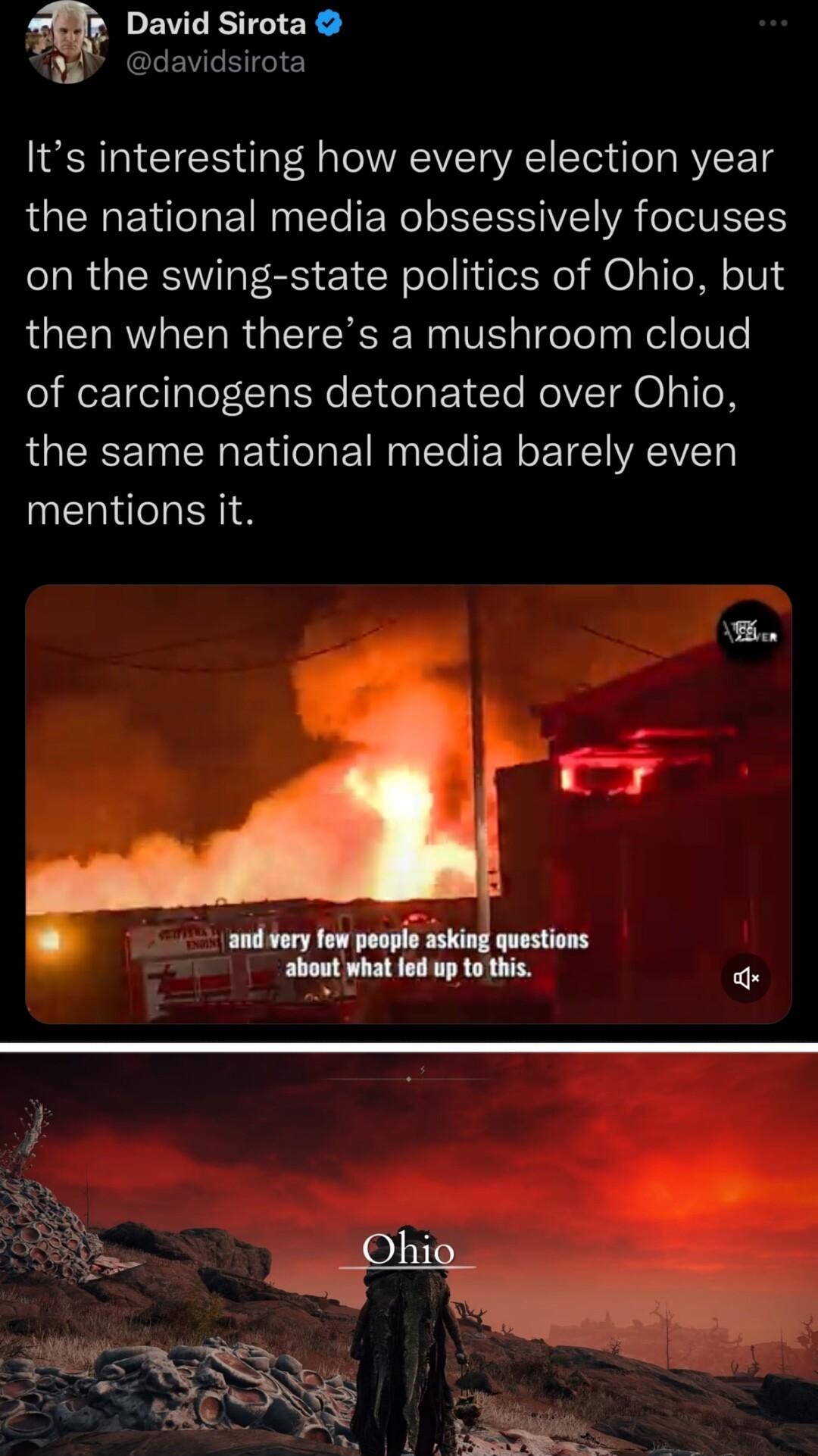 PEVEETREE davidsirota Its interesting how every election year the national media obsessively focuses on the swing state politics of Ohio but LQENRL R R GETCRIE NN VR TfeTely ReloIVTe of carcinogens detonated over Ohio the same national media barely even mentions it