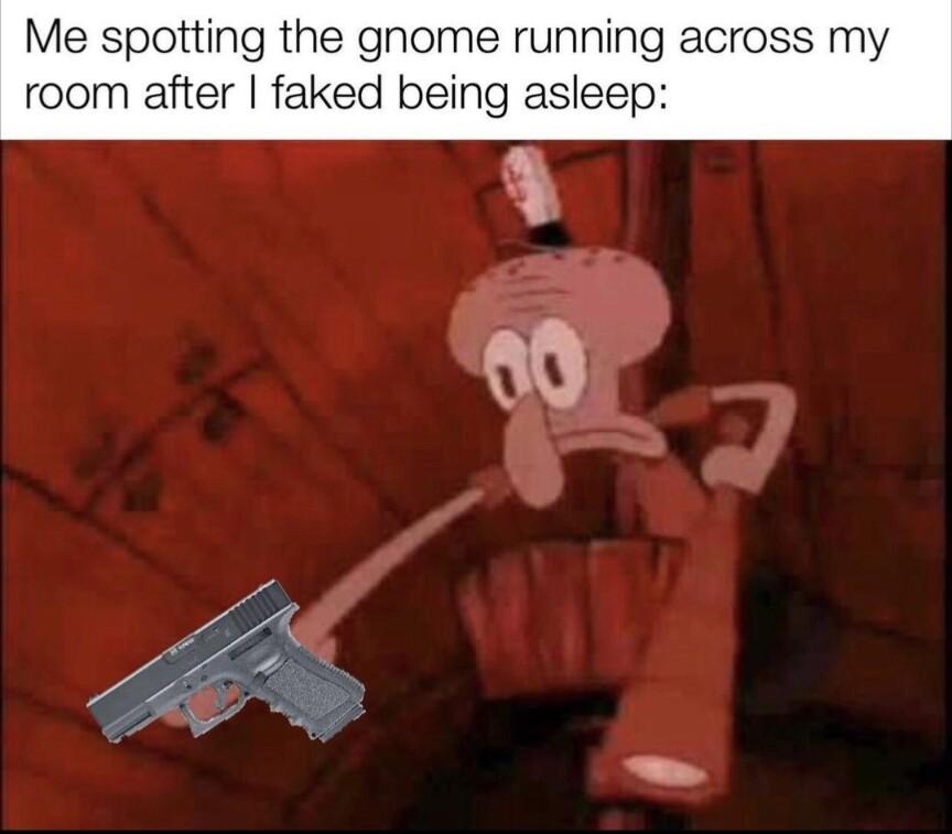 Me spotting the gnome running acro room after faked being asleep i O v