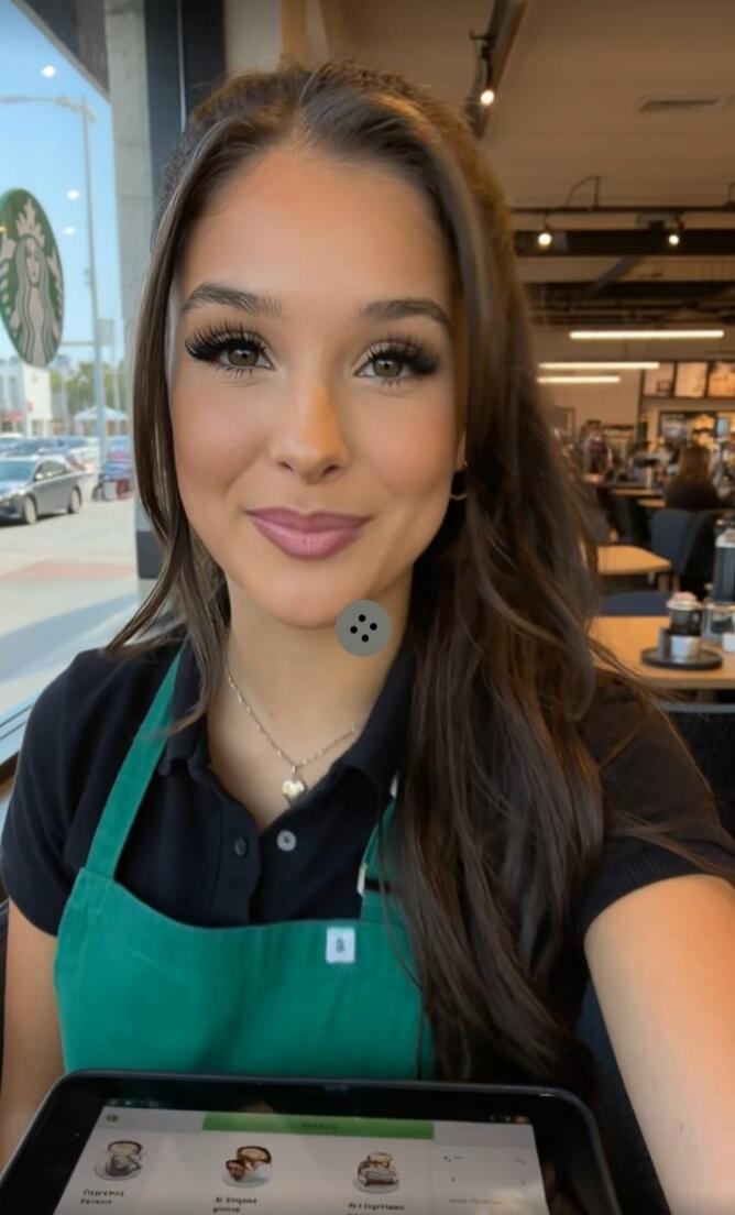 A young woman in a Starbucks uniform and green apron smiles at the camera, holding a tablet. The Starbucks logo is visible in the background.