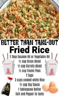 r s e 8 TTER THAN TAHE 0UT Fried Rice 2 wsp Sesame o o vegetavte o I 1 cup Onion diced Yp cup Garrots diced theup frozen Peas 2fggs 3 cups cooked white Rice fz cup Soy Sauce 1 Lablespoon Butter Salt and Pepper 1o taste