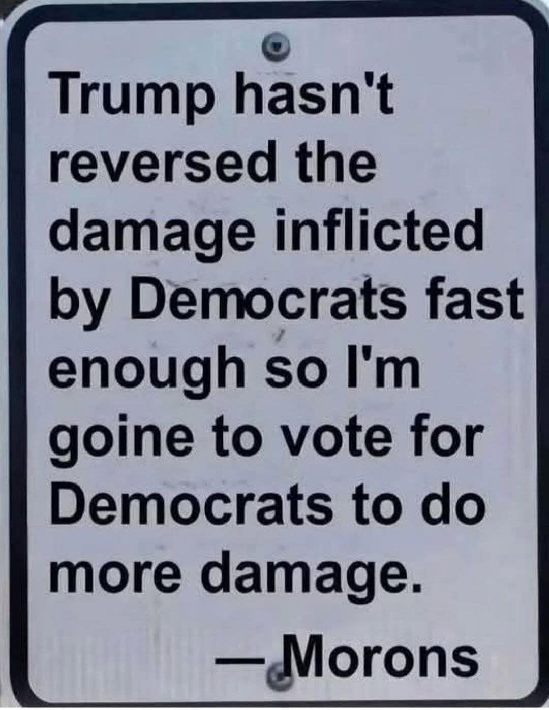 Trump hasn't reversed the damage inflicted by Democrats fast enough so I'm going to vote for Democrats to do more damage. — Morons