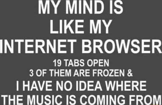 MY MIND 1S LIKE MY INTERNET BROWSER 19 TABS OPEN 3 OF THEM ARE FROZEN HAVE NO IDEA WHERE G VRS ol o el 3 0