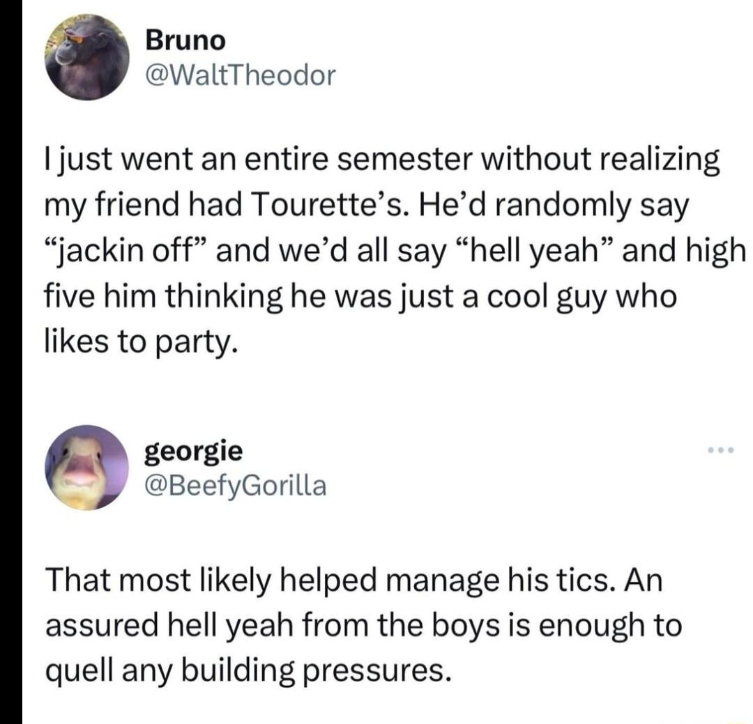 Bruno WaltTheodor just went an entire semester without realizing my friend had Tourettes Hed randomly say jackin off and wed all say hell yeah and high five him thinking he was just a cool guy who likes to party georgie BeefyGorilla That most likely helped manage his tics An assured hell yeah from the boys is enough to quell any building pressures
