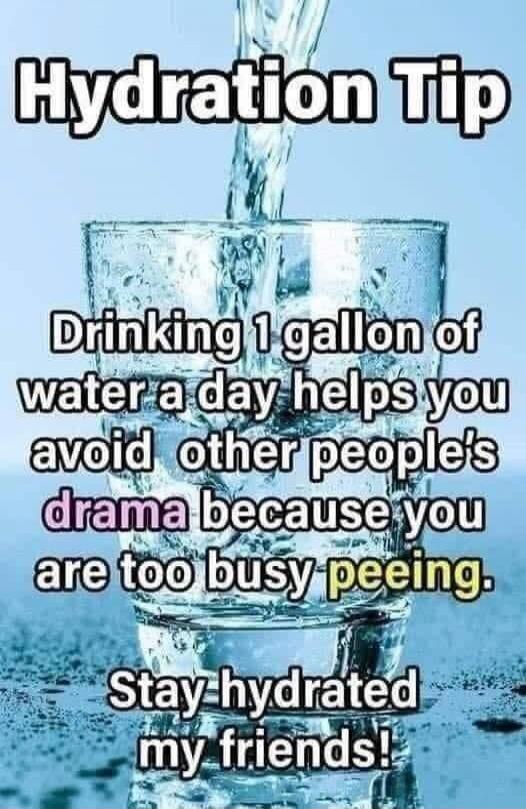 Hydration Tip. Drinking 1 gallon of water a day helps you avoid other people's drama because you are too busy peeing. Stay hydrated my friends!